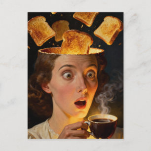 Surrealistisk frukost Toast och kaffekvinna Vykort