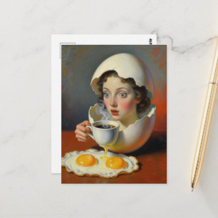 Surrealistisk frukostkvinna i sprucken äggula med vykort