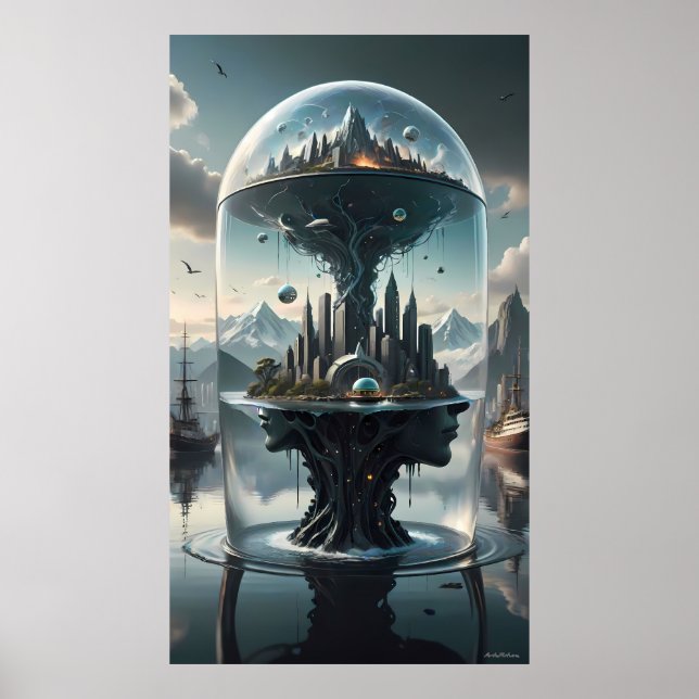 Surrealistisk futuristisk stad under glasaffisch poster (Framsidan)