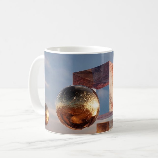 Surrealistisk geometrisk komposition med gyllene s kaffemugg (Framsida vänster)