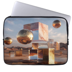 Surrealistisk geometrisk komposition med gyllene s laptop fodral
