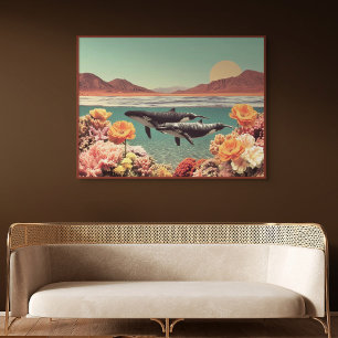 Surrealistisk havsscen med valar och korall poster