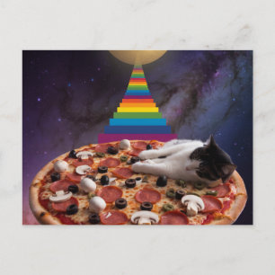 Surrealistisk katt som sover på en pizza vykort