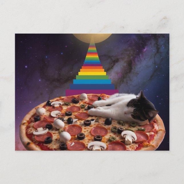 Surrealistisk katt som sover på en pizza vykort (Framsida)