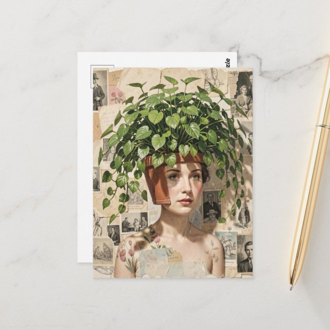 Surrealistisk krukväxt kvinna vykort (Fram/Back In Situ)