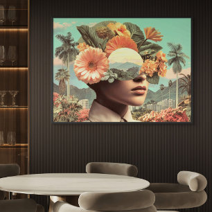 Surrealistisk kvinnlig porträtt med blomsterelemen poster