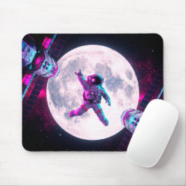 Surrealistisk modern astronaut ställer sig vid rym musmatta