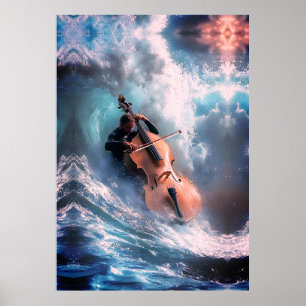 Surrealistisk musikman spelar cello i havsvågor poster