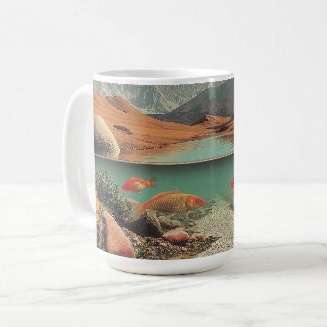Surrealistisk öken och sjö med guldfiskar kaffemugg (Framsida vänster)