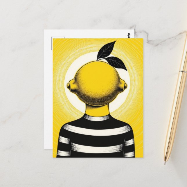 Surrealistisk person med en citron som huvud vykort (Fram/Back In Situ)