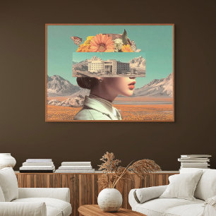 Surrealistisk porträtt med arkitektonisk landskap poster