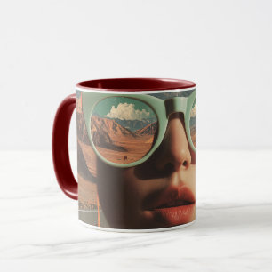 Surrealistisk porträtt med glasögon som reflektera mugg