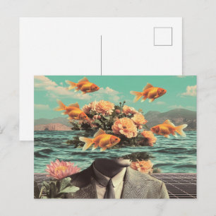 Surrealistisk porträtt med guldfiskar, blommor och vykort