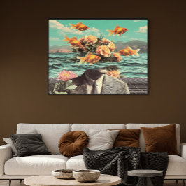 Surrealistisk porträtt med guldfiskblommor och hav poster