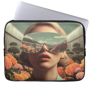 Surrealistisk porträtt med solglasögon som reflekt laptop fodral