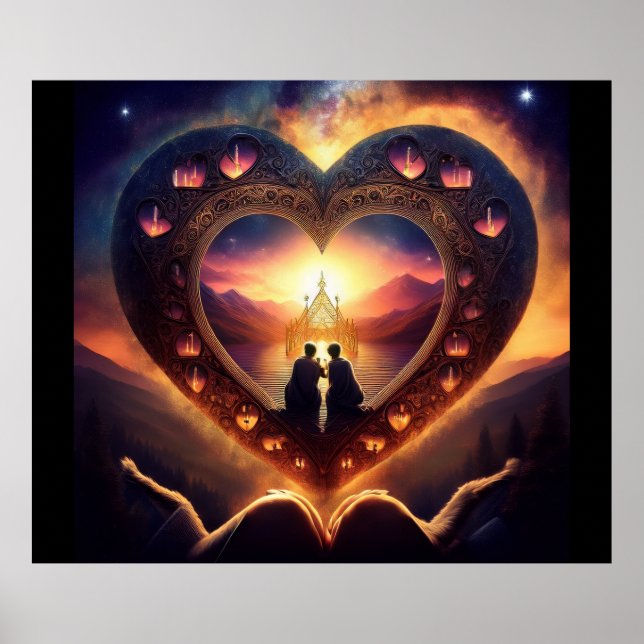 Surrealistisk scen med ett lyft par på hjärtat poster (Framsidan)