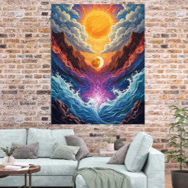 Surrealistisk sol- och månabstrakt landskapsaffisc poster