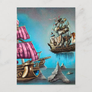 Surrealistisk Steampunk Flytande Fartyg & Rosa Seg Vykort