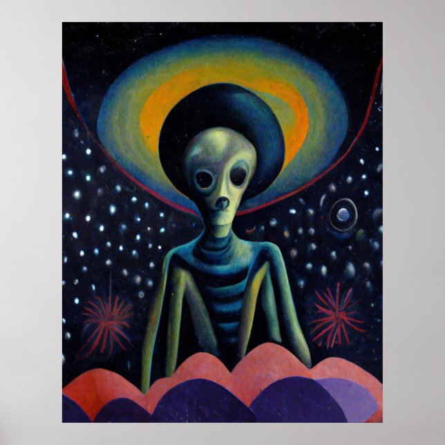 Surrealistisk utomjording i rymden konstaffisch poster (Framsidan)