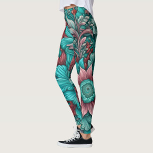 Surrealistiska blommor, cyan blå röd och rosa leggings