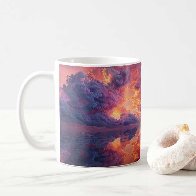 Surrealistiska dramatiska moln med eldigt solnedgå kaffemugg (Med munk)