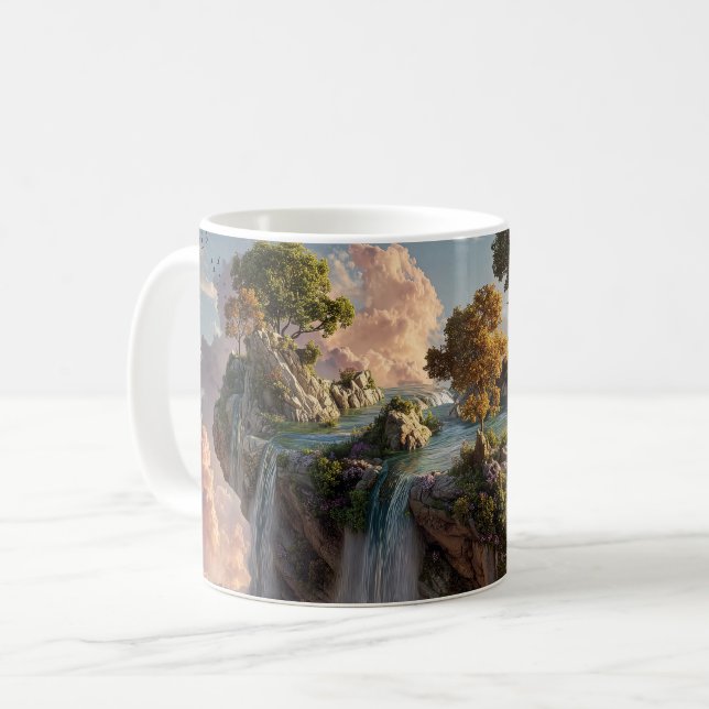 Surrealistiska flytande klippor med vattenfall kaffemugg (Framsida vänster)