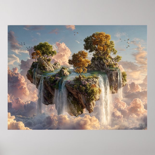 Surrealistiska Flytande Klippor Med Vattenfall Poster (Framsidan)