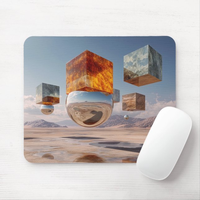 Surrealistiska flytande kuber och reflekterande sf musmatta (Med mus)