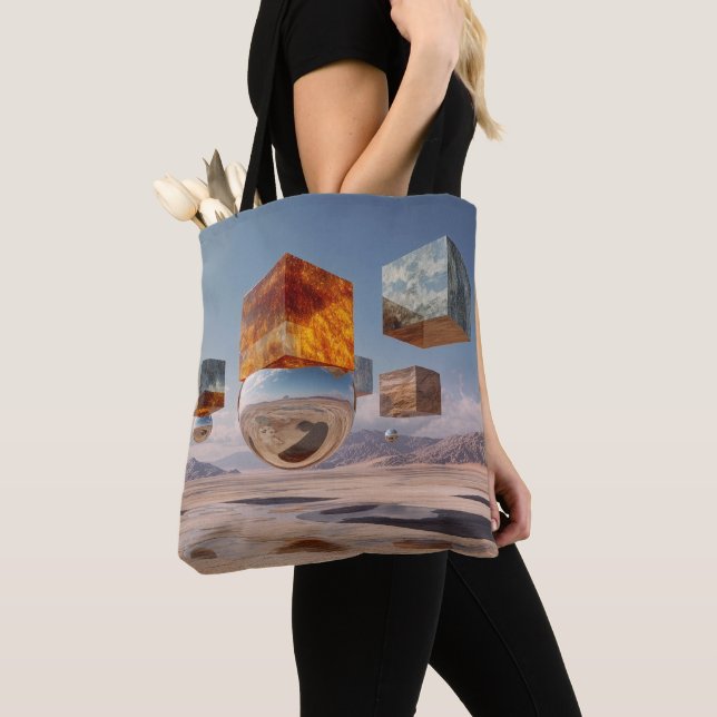 Surrealistiska flytande kuber och reflekterande sf tygkasse (Närbild)