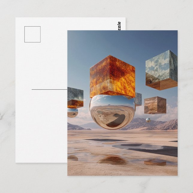 Surrealistiska flytande kuber och reflekterande sf vykort (Fram/baksida)