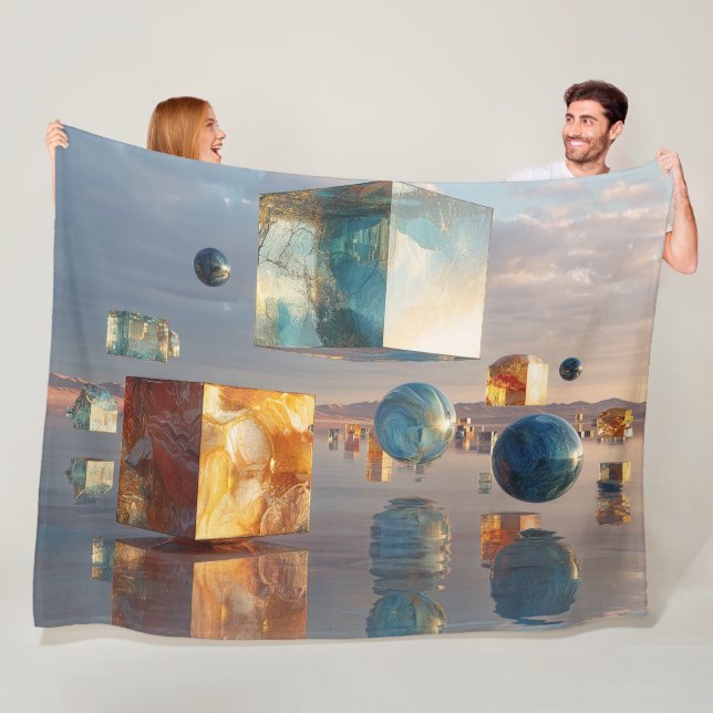 Surrealistiska Flytande Kuber Och Sfärer Fleecefilt (På plats)