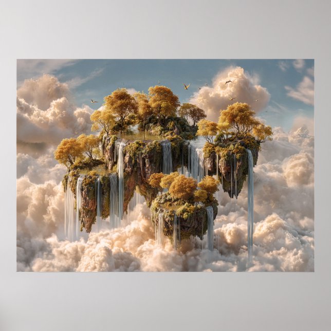 Surrealistiska Flytande Öar Med Gyllene Träd Poster (Framsidan)