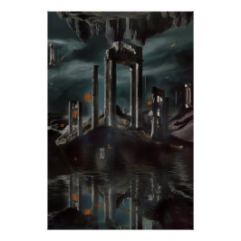 Surrealistiska Flytande Ruiner Obsidian Pool Perfect Poster