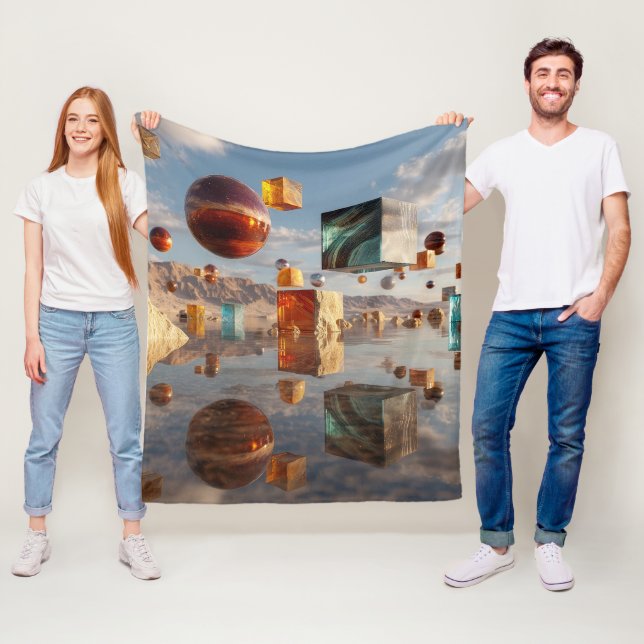 Surrealistiska Flytande Sfärer Och Kuber Fleecefilt (På plats)