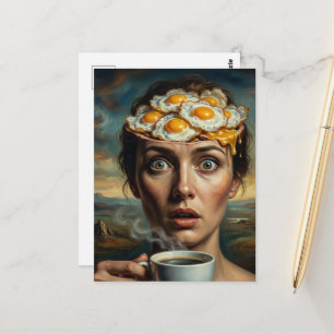 Surrealistiska frukostägg och kaffekvinna vykort