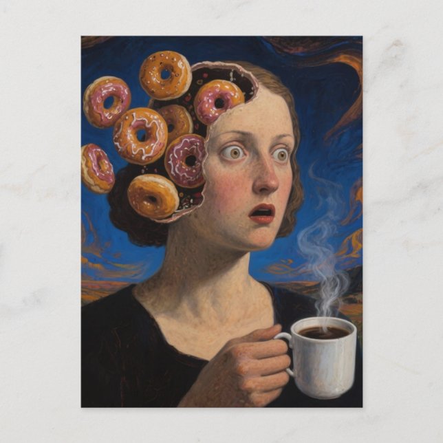 Surrealistiska frukostmunkar och en kaffekvinna  vykort (Framsida)