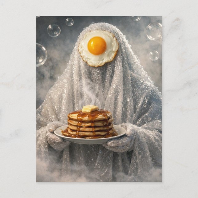 Surrealistiska frukostpannkakor och ägg bubbla spö vykort (Framsida)
