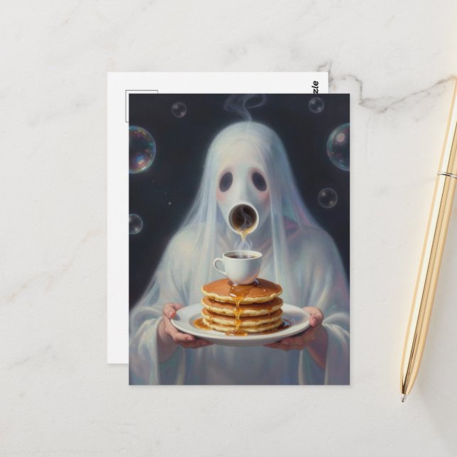 Surrealistiska frukostpannkakor spöke med kaffe  vykort (Fram/Back In Situ)