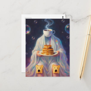 Surrealistiska frukostpannkakor spöke med kaffetos vykort