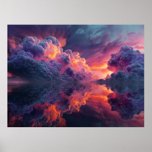 Surrealistiska glödande moln vid solnedgång reflek poster