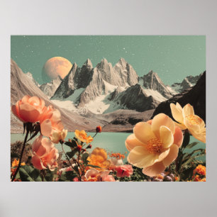 Surrealistiskt Berglandskap Med Blommande Blommor Poster