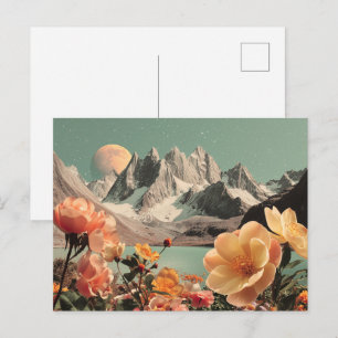 Surrealistiskt berglandskap med blommande blommor vykort