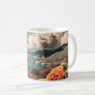 Surrealistiskt berglandskap med planeter och moln kaffemugg