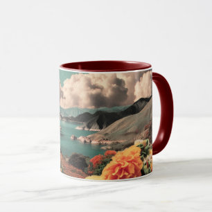 Surrealistiskt berglandskap med planeter och moln mugg