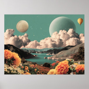 Surrealistiskt berglandskap med planeter och moln poster