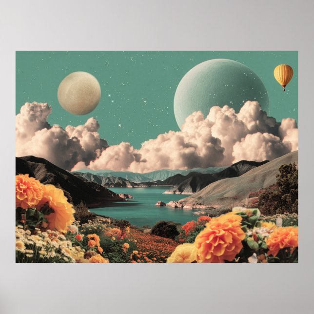 Surrealistiskt berglandskap med planeter och moln poster (Framsidan)
