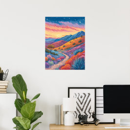 Surrealistiskt berglandskapsmålning vid solnedgång poster