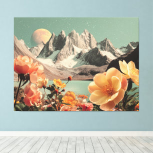 Surrealistiskt bergslandskap med blommande blommor canvastryck