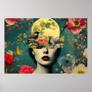 Surrealistiskt blomster månporträtt poster