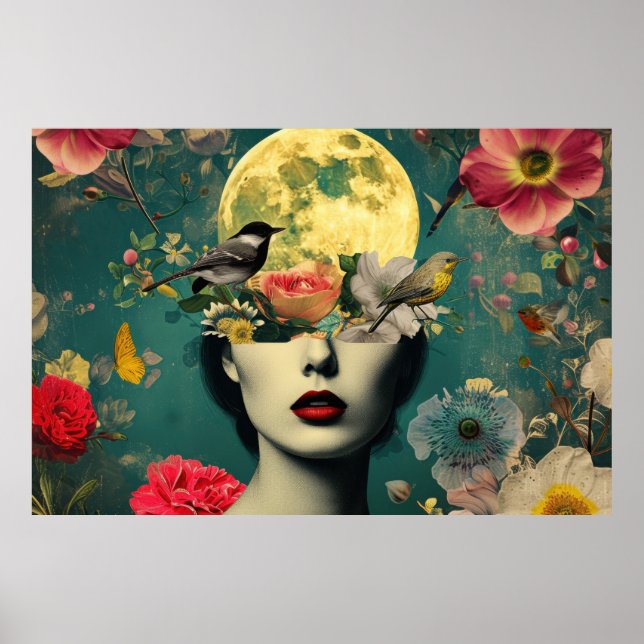 Surrealistiskt blomster månporträtt poster (Framsidan)